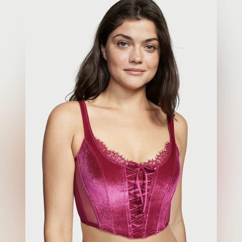 🆕️Victoria's Secret Dream Angels Unlined Lace up Velvet Corset Top XS